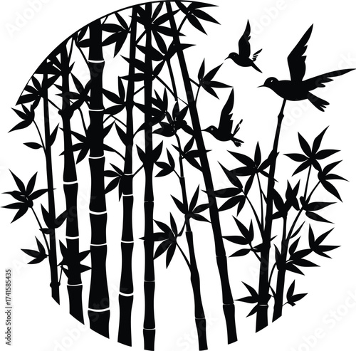 Harmony in Ink: A graceful silhouette of bamboo stalks and soaring birds against a circular backdrop, capturing the essence of tranquility and nature's balance.