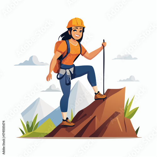 Woman hiking mountain with trekking pole