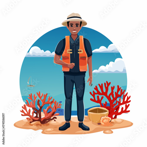 Man on beach with coral and ocean background