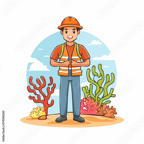 Marine worker with coral reef background