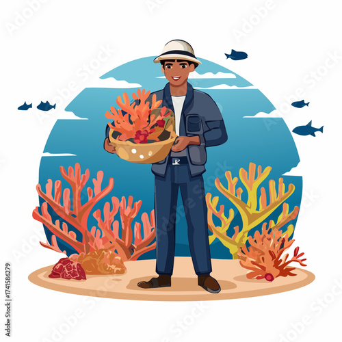 Man holding coral reef collection with transparent background