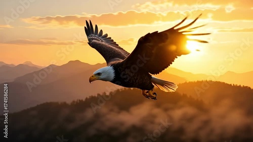 Majestic eagle soars through a golden sunrise over misty mountain peaks, embodying freedom and power.