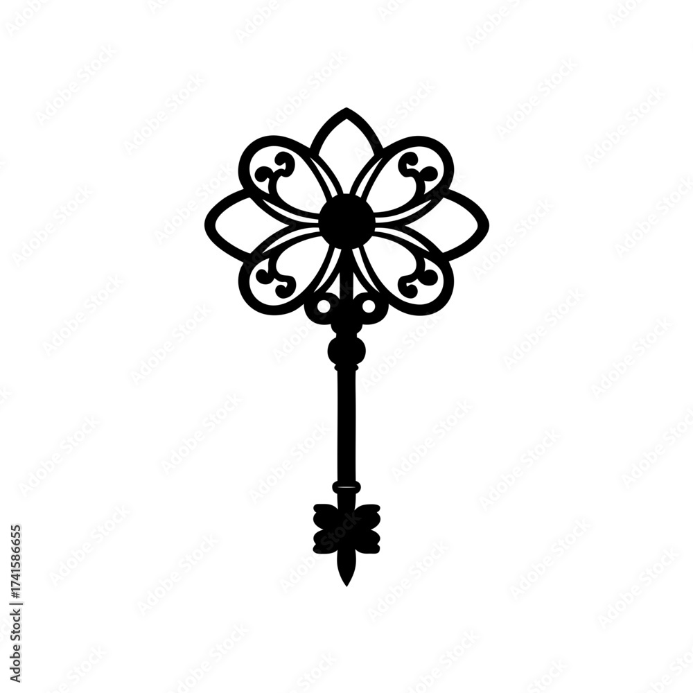 Obraz premium Ornate key with floral design silhouette on transparent background