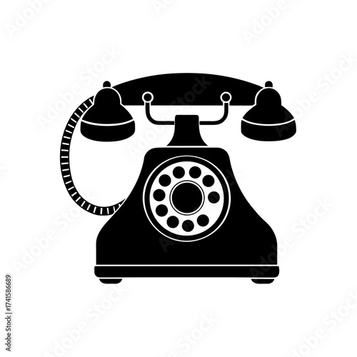 Silhouette of a vintage rotary telephone on transparent background