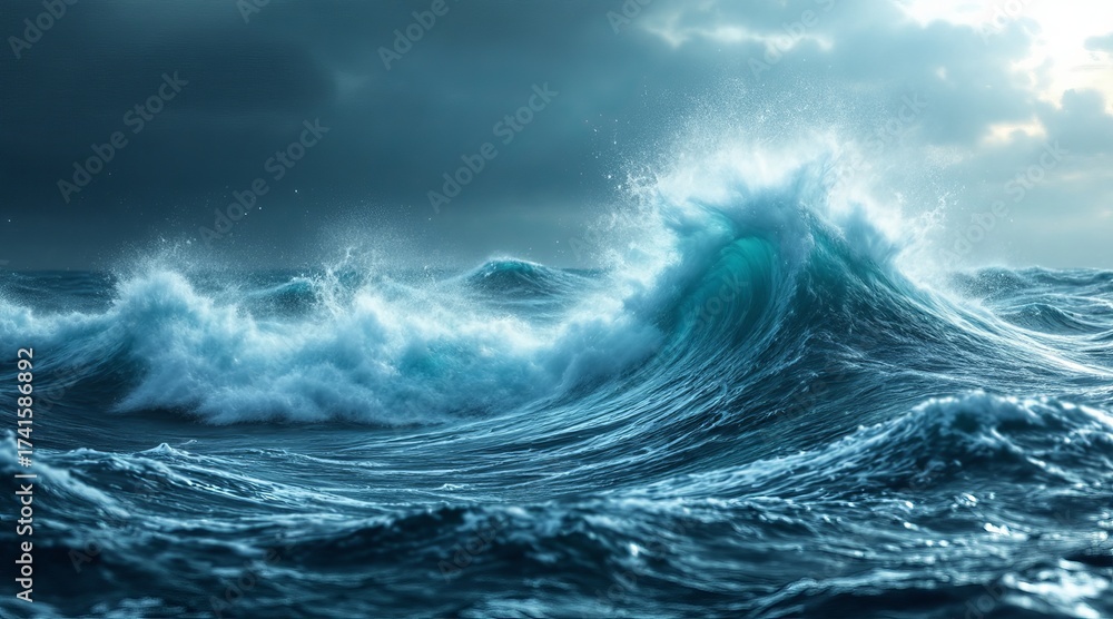 Fototapeta premium Dramatic ocean wave cresting under a stormy sky, showcasing the raw power and beauty of natures elements with turbulent water and dark clouds