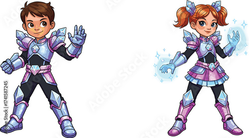 Cartoon superhero kids in crystalline armor suits, boy gem warrior illustration, girl magical protector, sci‑fi fantasy action artwork, children mascot design
