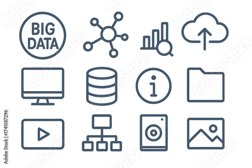 Big data line icon set. Technology and analytics symbols. Vector collection of database, cloud computing, network, information, storage, media, computer, file illustrations.