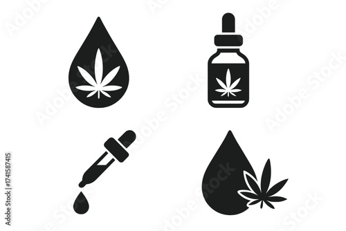 CBD oil drop vector icon set. Hemp oil with cannabis leaf for medical benefits symbol. Marijuana extract, natural therapy, medicine, liquid, dropper bottle concept illustration.