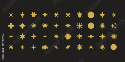Collection of Golden Stars and Celestial Icons on Black