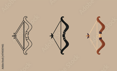 Three stylized bows and arrows in different designs and colors