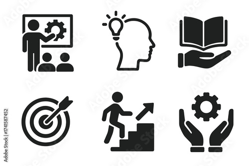 Capacity building icon set for business development and personal growth. Vector collection with training, coaching, skills, learning, support, and knowledge symbols for success.
