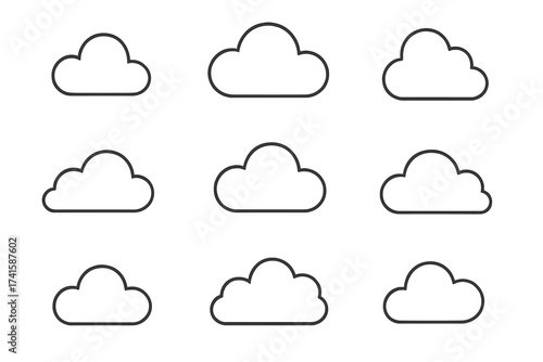 Cloud outline icon set. Simple weather forecast symbol collection. Minimalist line art for web and mobile app interface. Cloud computing and data storage concept. Vector.