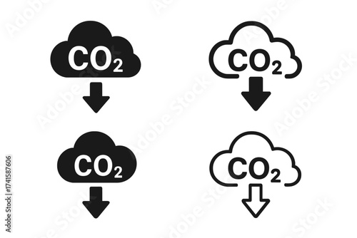 CO2 reduction vector icon set. Carbon dioxide emissions reduce symbol. Cloud with down arrow. Climate change ecology concept. Decarbonization and net zero emissions graphic.