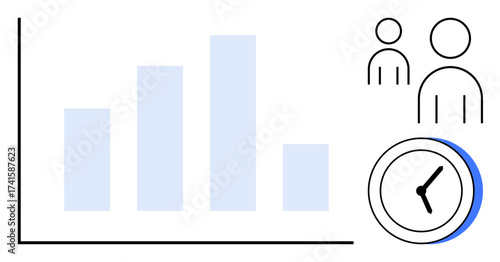 Bar chart showing data trends, clock for time management, and people icons for teamwork. Ideal for analytics, productivity, efficiency, collaboration, scheduling progress time tracking. Simple flat