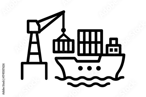 Container ship at port icon. Crane loading cargo freight on boat. Maritime transport, global logistics, and supply chain concept. Sea shipping industry vector illustration.