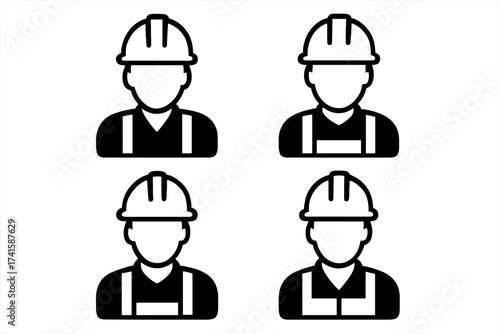 Construction worker icon set. Vector illustration of man with safety helmet. Industrial builder & engineer symbol. Professional employee avatar. Repairman pictogram collection.