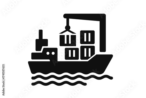 Container ship loading icon. Cargo vessel at port with crane. Freight transportation, logistics, and global shipping concept. Maritime import export business vector symbol.