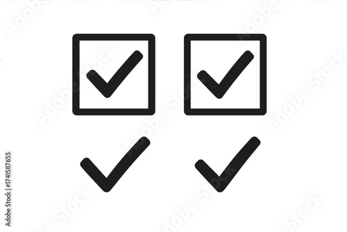 Check mark icon set. Correct, yes, accept symbol. Checkbox and tick signs for voting, surveys, and quizzes. Simple vector graphic for approved, success, or done concepts.