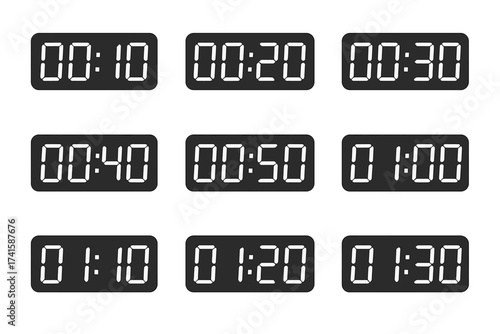 Countdown timer digital clock counter vector illustration set. Electronic number display for time, alarm, watch, scoreboard. Minute and second counter. Coming soon concept.