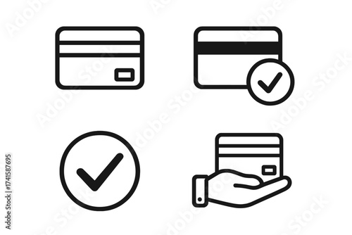 Credit card payment icon set. Vector line art illustration for approved transaction, successful purchase confirmation. Finance, debit card, and contactless payment concept.