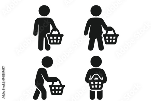 Customer icon set. Shopper with shopping basket symbol. Buyer person pictogram collection. Client silhouette for retail, e-commerce, and consumer concepts. Vector illustration.
