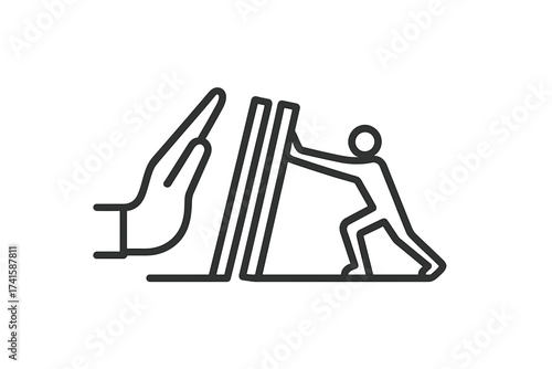 Domino effect line icon. Hand stopping a chain reaction. Metaphor for business crisis management, risk prevention, and support. Problem solving and intervention concept vector.