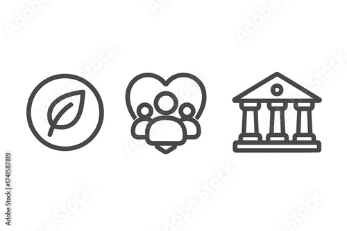 ESG line icon set for Environmental, Social, and Governance principles. Vector illustration for concepts of sustainable and ethical business, corporate responsibility, and investment.