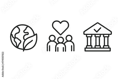 ESG vector icon set for Environmental, Social, and Governance criteria. Sustainable and ethical business concept illustration. Corporate responsibility and impact investment symbols.