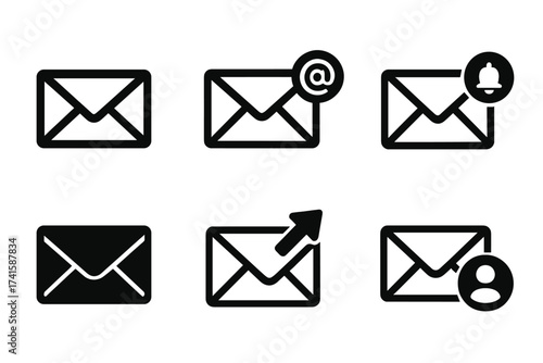 Email vector icon set. Mail envelope collection for web and mobile UI. Message, notification, send, contact, and address symbols. Communication and correspondence graphic elements.