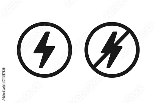 Electricity on and off icon set. Power symbol sign. Electric energy charge status. Vector danger warning illustration. Blackout, outage concept. Pictogram collection isolated.