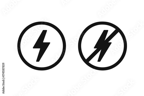 Electricity and no electricity icon set. Power on and off symbol. Vector illustration of lightning bolt sign for energy, charge, and blackout. Allowed and prohibited concept.
