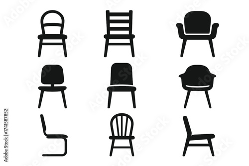 Chair icons set. Furniture seat icon collection. Vector illustration of various chair types. Home, office, and dining room seating symbols. Isolated graphic elements.