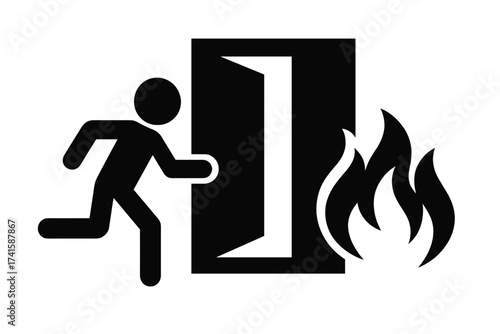 Emergency fire exit sign. Evacuation fire escape door vector illustration. Running man icon. Safety symbol. Danger warning pictogram. Public information sign. Fire hazard.