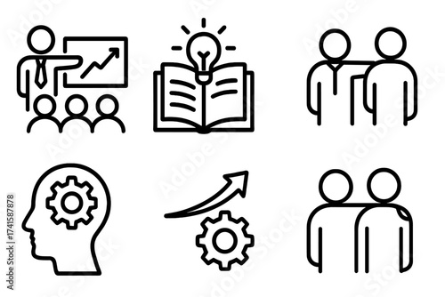 Capacity building icon set for business. Contains training, learning, knowledge, coaching, skills, development, mentorship and support. Vector illustration for professional growth.