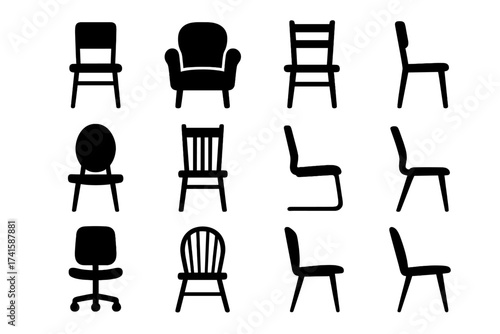 Chair icon set. Collection of various furniture seats silhouette. Vector illustration for interior design. Armchair, office and dining room chair symbols for web and print.