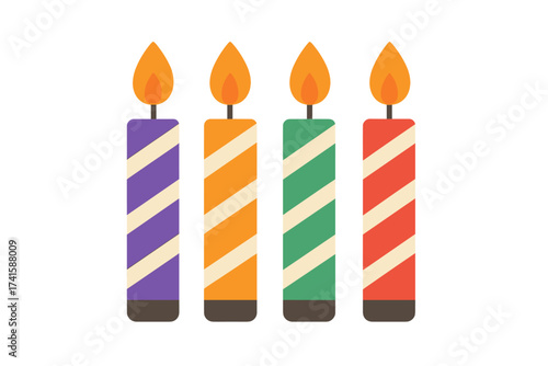Colorful striped birthday candles icon set in flat design. Celebration, party decoration concept. Vector illustration with transparent background for anniversary or cake.
