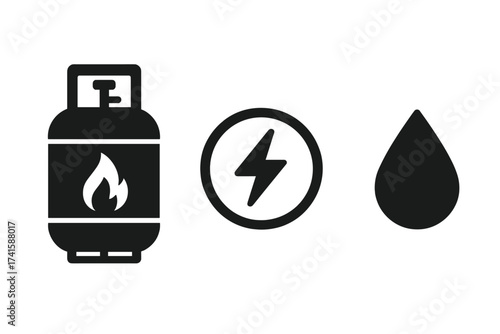 Gas tank, electricity, water supply vector icon set. Public utilities and energy resources symbols. Propane fuel, power bolt, and aqua drop pictogram collection isolated.