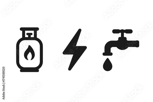 Utilities icon set with gas, electricity, and water supply symbols. Vector glyph pictogram of public services. Home fuel, power, and plumbing. Propane tank, lightning, water tap sign.