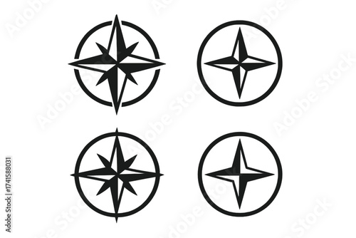 Compass icon vector set. Wind rose collection for navigation and direction. North, south, east, west symbols. Marine and nautical star logo for travel and exploration.