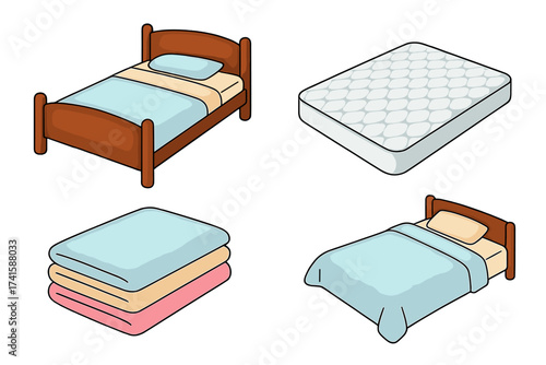 Bed furniture and bedding icon set in a cartoon style. Isometric vector illustration of a bed, mattress, and folded bedclothes. Bedroom, sleep, comfort, home interior concept.