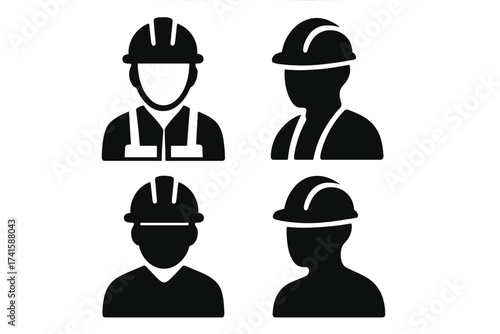 Construction worker icon set vector. Builder, engineer, and foreman avatar profile silhouette. Man with safety helmet for industry and building business user symbol.