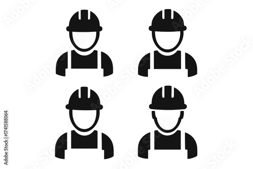 Construction worker icon set. Vector illustration of a builder or engineer symbol. Man with helmet pictogram for industrial and safety concepts. Laborer silhouette graphic.