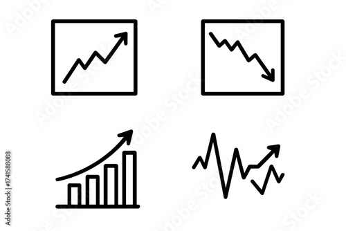 Graph chart icon set for finance and business. Stock market up and down trend symbol. Vector line icons for growth, decline, and volatility. Data analysis illustration.