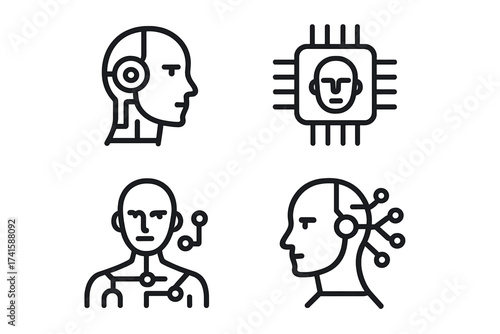 Cyborg icon set for artificial intelligence. Humanoid robot, AI, and android symbols. Vector concept for machine learning, neural network, future tech, and bionic integration.