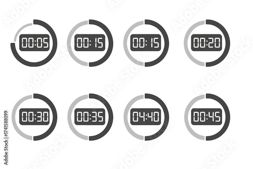 Countdown timer digital clock counter vector icon set. Chronometer or stopwatch with minute and second display. Time progress circle bar for UI UX design element illustration.