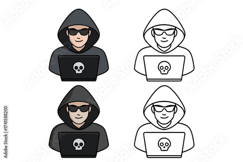 Hacker icon with laptop. Anonymous man in hoodie. Cybersecurity crime concept. Programmer, coder, spy agent. Malware, data theft. Vector character illustration set.