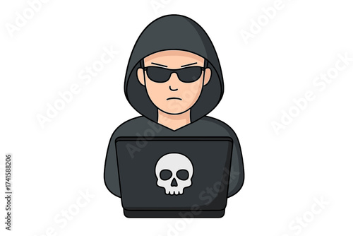 Hacker at computer. Anonymous man in hoodie. Cyber security crime, internet fraud and privacy data phishing concept. Programmer coding virus, malware. Vector illustration.