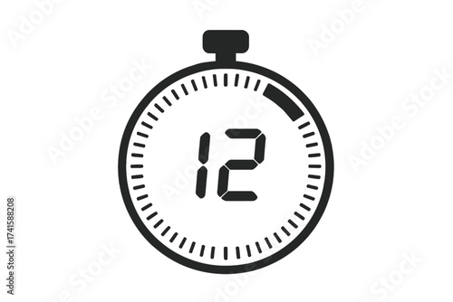 12 seconds digital timer icon, stopwatch countdown symbol, vector illustration transparent background, countdown timer, timer UI, digital stopwatch, time tracking, timer concept