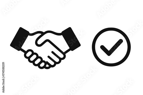 Handshake with check mark icon. Partnership and agreement symbol. Concept of successful deal, cooperation, and contract confirmation. Approved business partnership vector icon set.