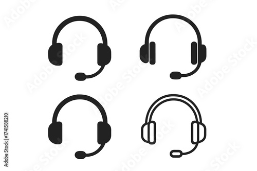 Headset icon set for customer service and support. Vector graphic collection of call center operator headphones with microphone. Telemarketing and communication symbols.